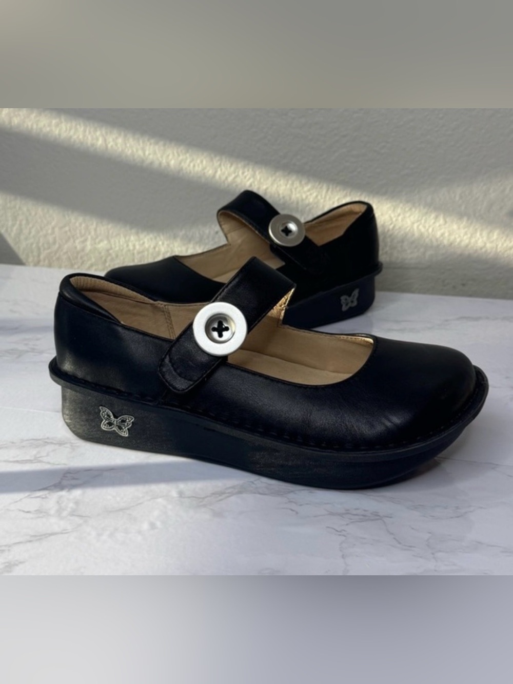 Alegria Black Mary Jane Platform Loafers with Silver Button
